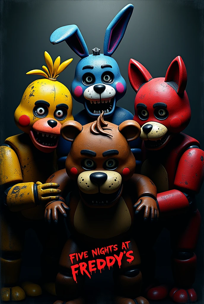 An movie poster of five nights at freddy's which theres four animatronics: a yellow chicken, a blue bunny, an brown bear and a red fox