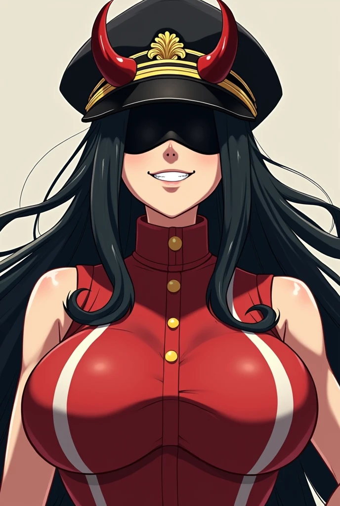 big anime girl with long black hair,Black and gold captain's hat with a red sleeveless shirt with white stripes, a toothy smile and blindfolded eyes with a black blindfold and devil horns and having giant breasts