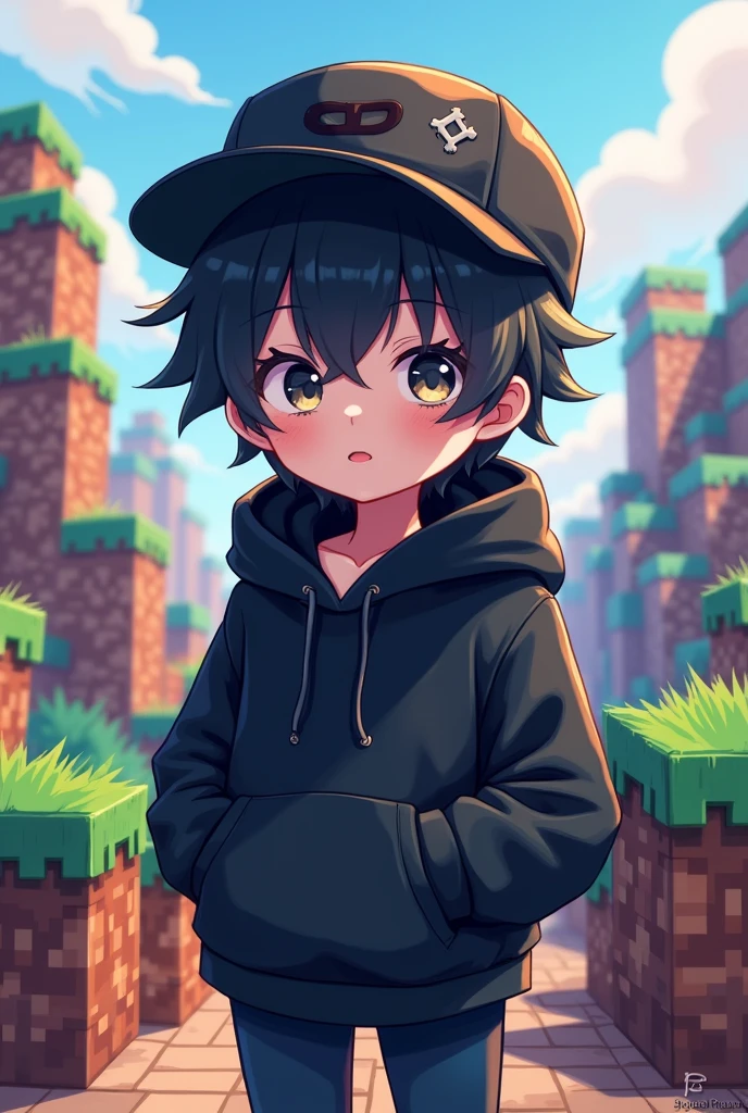 Make A Cute anime boy character wearing (black hoodie) with animated Minecraft background black cap black glove black maks black hair