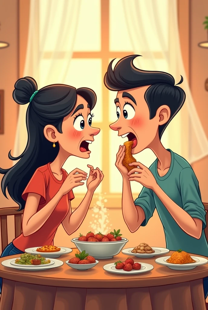 Give me a picture of a cartoon couple eating that says "the one who doesn't eat much" and you put a thin woman and "He who eats everything" and you put a thin man eating