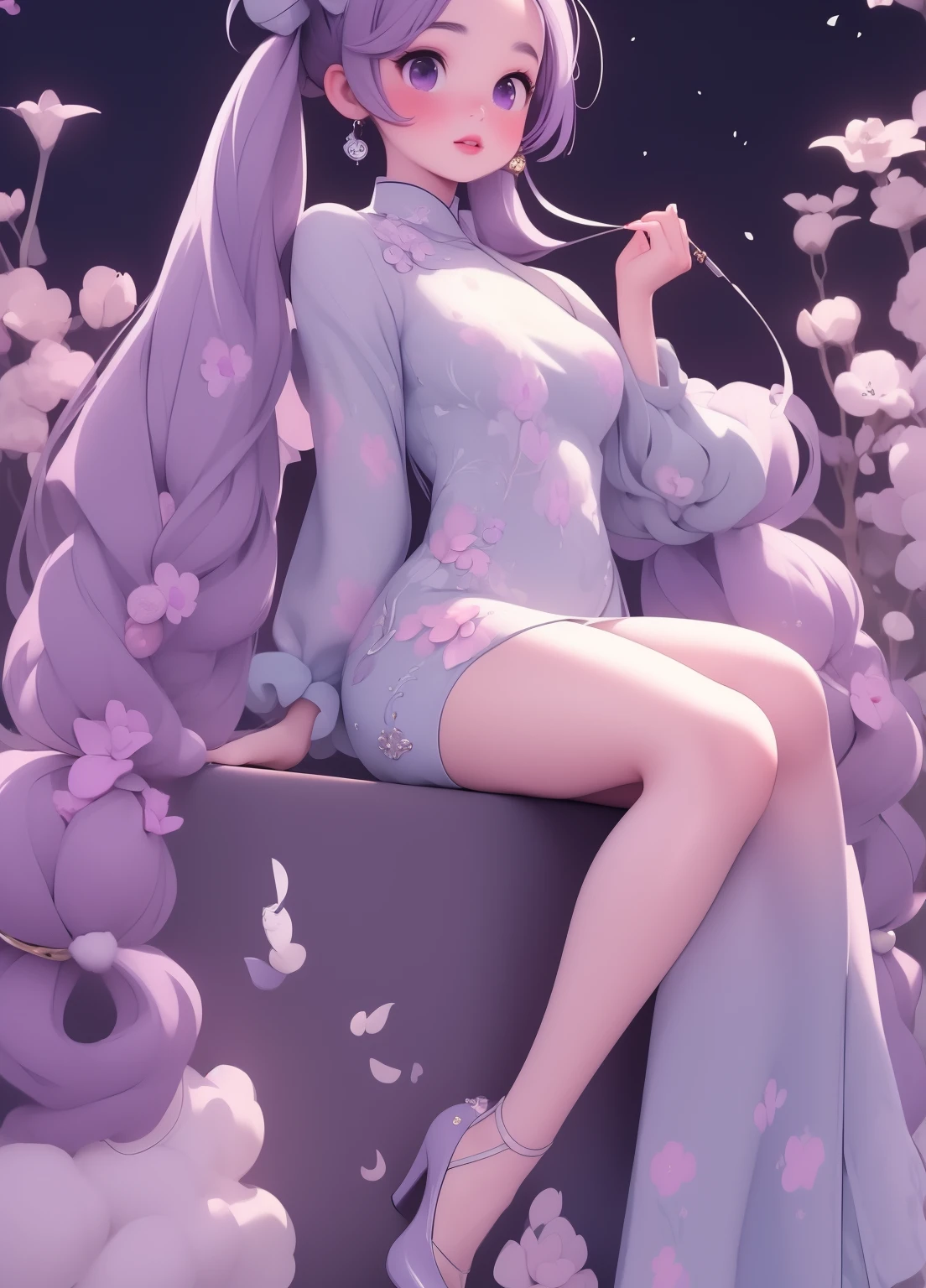 (masterpiece、Highest quality、Highest quality、Official Art、Beautiful and beautiful:1.2)、(One person:1.3)Hatsune Miku、Twin tails,Beautiful breasts, Katsushika Hokusai,Retro Style, sexy chinese cheongsam,Luxury Fashion,girl, Inji, Purple Hair, Purple eyes, Long Hair, Gray Hair, Double Knit, Gradient Hair,Bunny ears,The finer details,Chic and stylish,Perfect Makeup,Glamorous expression,Beautiful and delicate eyes,Beautiful and delicate lips,Professional photography,Colorful Dresses,Fashion accessories,Shining Jewelry,shiny heels,Luxury Fabric,Elegant embroidery,Exquisite patterns,Tradition and modernity,Focus on cultural heritage,Beautiful silhouette,Confidence and elegance,Beautiful movement,The beauty of editing,Fascinating Light,Exquisite aura,Beauty and fashion event,Motivate and empower,Iconic Performance.