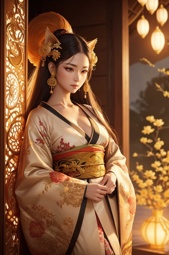 a beautiful kitsune woman,intricate detailed face,piercing eyes,lush flowing hair,delicate feminine features,elegant kimono,ornate floral patterns,golden accents,ethereal lighting,cinematic composition,vibrant colors,photorealistic,8k,hyper detailed,masterpiece