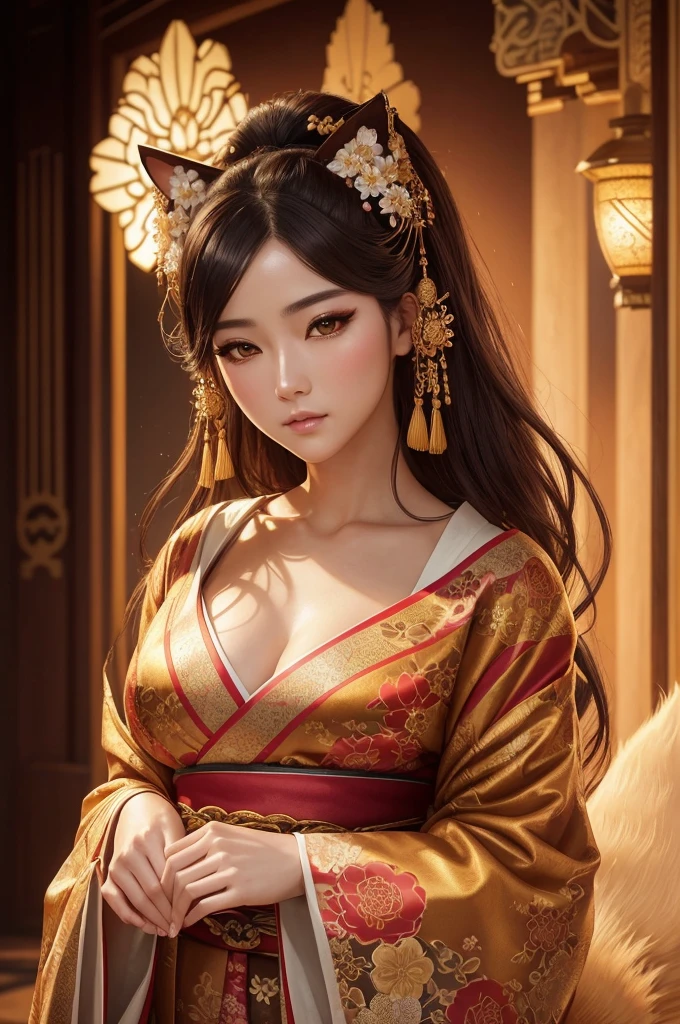 a beautiful kitsune woman,intricate detailed face,piercing eyes,lush flowing hair,delicate feminine features,elegant kimono,ornate floral patterns,golden accents,ethereal lighting,cinematic composition,vibrant colors,photorealistic,8k,hyper detailed,masterpiece