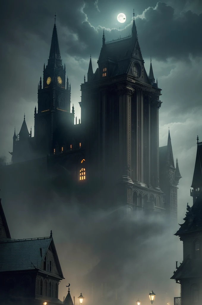 a spooky halloween city at night, abandoned haunted buildings, jack-o-lanterns, cobwebs, moonlight, fog, bats flying, dark clouds, eerie atmosphere, (best quality,4k,8k,highres,masterpiece:1.2),ultra-detailed,(realistic,photorealistic,photo-realistic:1.37),horror,dark fantasy,cinematic lighting,moody colors,rich textures