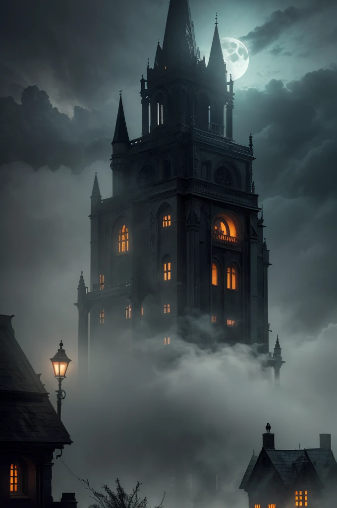a spooky halloween city at night, abandoned haunted buildings, jack-o-lanterns, cobwebs, moonlight, fog, bats flying, dark clouds, eerie atmosphere, (best quality,4k,8k,highres,masterpiece:1.2),ultra-detailed,(realistic,photorealistic,photo-realistic:1.37),horror,dark fantasy,cinematic lighting,moody colors,rich textures