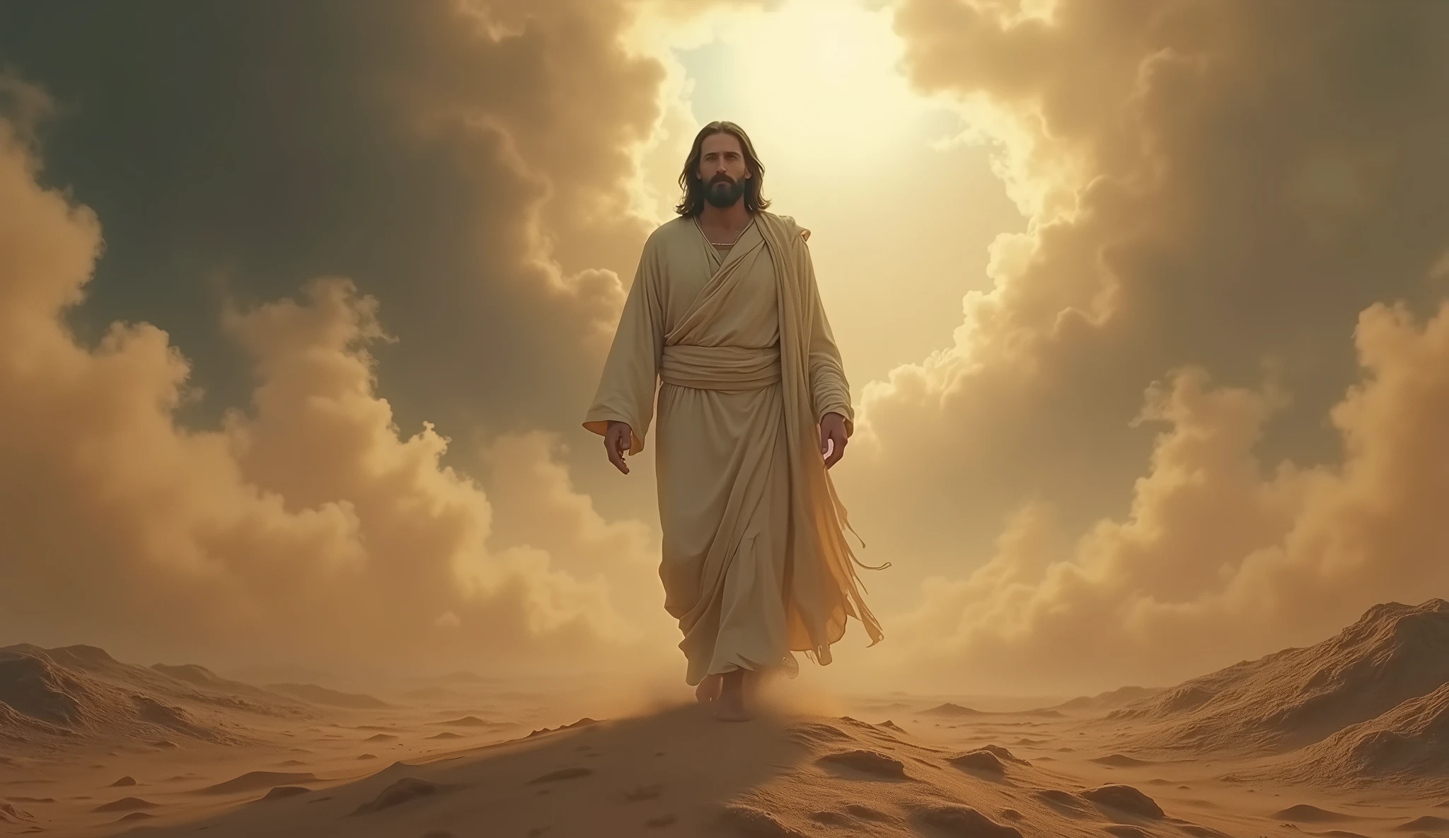 a Jesus in middle apocalyptic sand, dust and smoke. The atmosphere is ethereal and mystical, stormy sky, suggesting a moment of divine significance or spiritual revelation. The overall mood is solemn and awe-inspiring, evoking a sense of reverence and mystery.