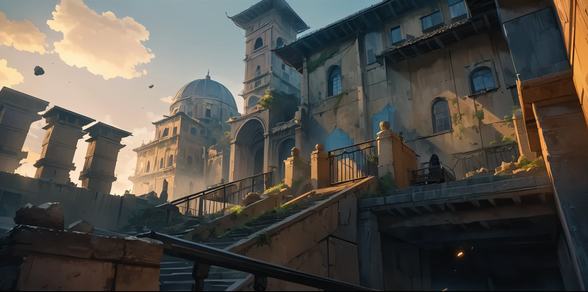 Anime Aesthetics, 动漫landscape, 景观landscape, (Yellow Tones, Blue tint,金色和红色的architecture,Colorful picture:1.2),(dusk:1.3),elden ring movie lighting, Inspired by Elden Ring, Farum Azoula, 古architecture, Rome style, Rocks floating in the air, Crumbling city, Megastructures, Moments before the Battle, dust in the air, Epic scenes, atmospheric opinion, Wide-angle lens, From below, From the outside, high resolution, 8K, best quality, Super Detail, The award-winning, masterpiece,unmanned, landscape, architecture, outdoor, Sky, stairs, window, railing,