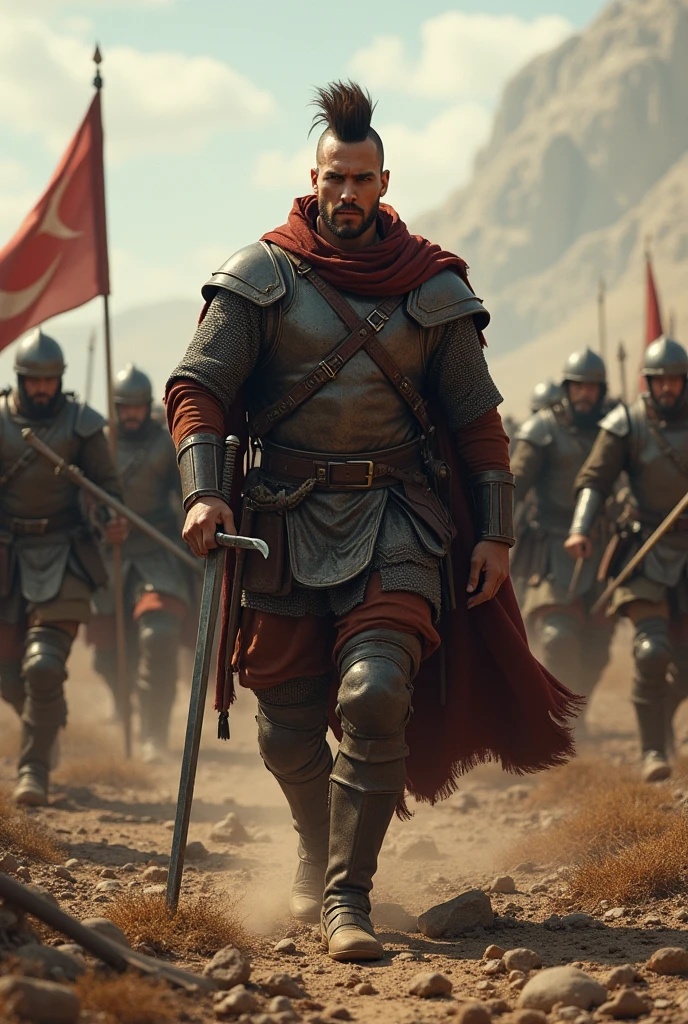 Medieval mercenary squad of 200 people led by a 2 man, He has short mohawk-style hair with shaved sides., Spanish nationality, He is raising a sword, He is right-handed, realistic image, There is movement, They are on a battlefield,  They are running