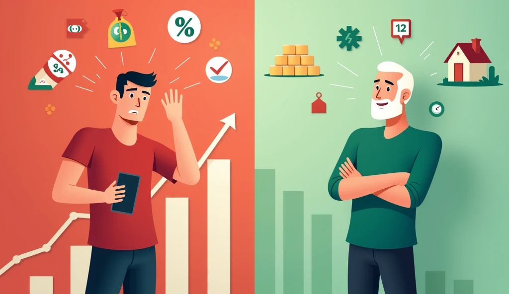 The image is split into two sections, depicting a comparison between the "New Generation" and the "Old Generation."

- **Left Side (New Generation):**
  - Background: A red, downward-trending graph, symbolizing financial loss or struggle.
  - A young man, dressed in a red shirt, is looking stressed or frustrated while holding a smartphone.
  - Overlaid icons include:
    - A "Total P&L" (Profit & Loss) figure showing **-17,810.00**, indicating a significant financial loss.
    - A price tag, possibly representing consumerism or spending habits.
    - A smartphone icon, suggesting dependence on technology or digital tools.

- **Right Side (Old Generation):**
  - Background: A green, upward-trending environment, symbolizing financial success or stability.
  - An older man, dressed in a light-colored shirt, is smiling confidently with his arms crossed.
  - Overlaid icons include:
    - A stack of cash, symbolizing wealth or savings.
    - Gold bars, representing investments in tangible assets.
    - A house, symbolizing property ownership or stability.

The overall theme of the image contrasts the financial struggles and reliance on technology of the new generation with the financial prudence and traditional asset-building of the older generation.