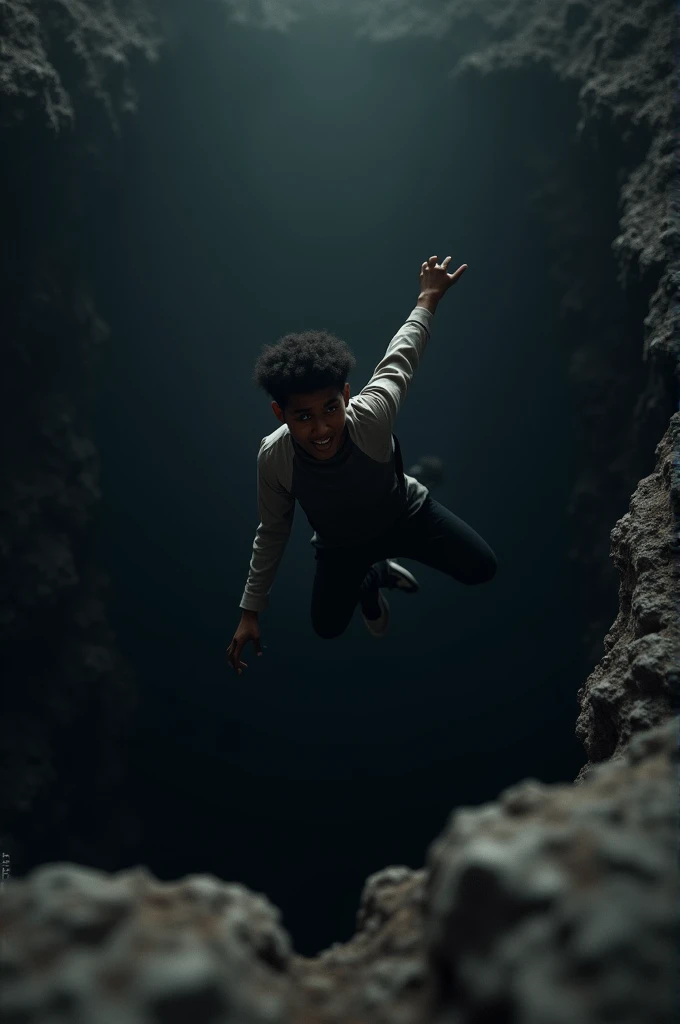 a black teenage boy who falls into the empty black sheet. Image 4k