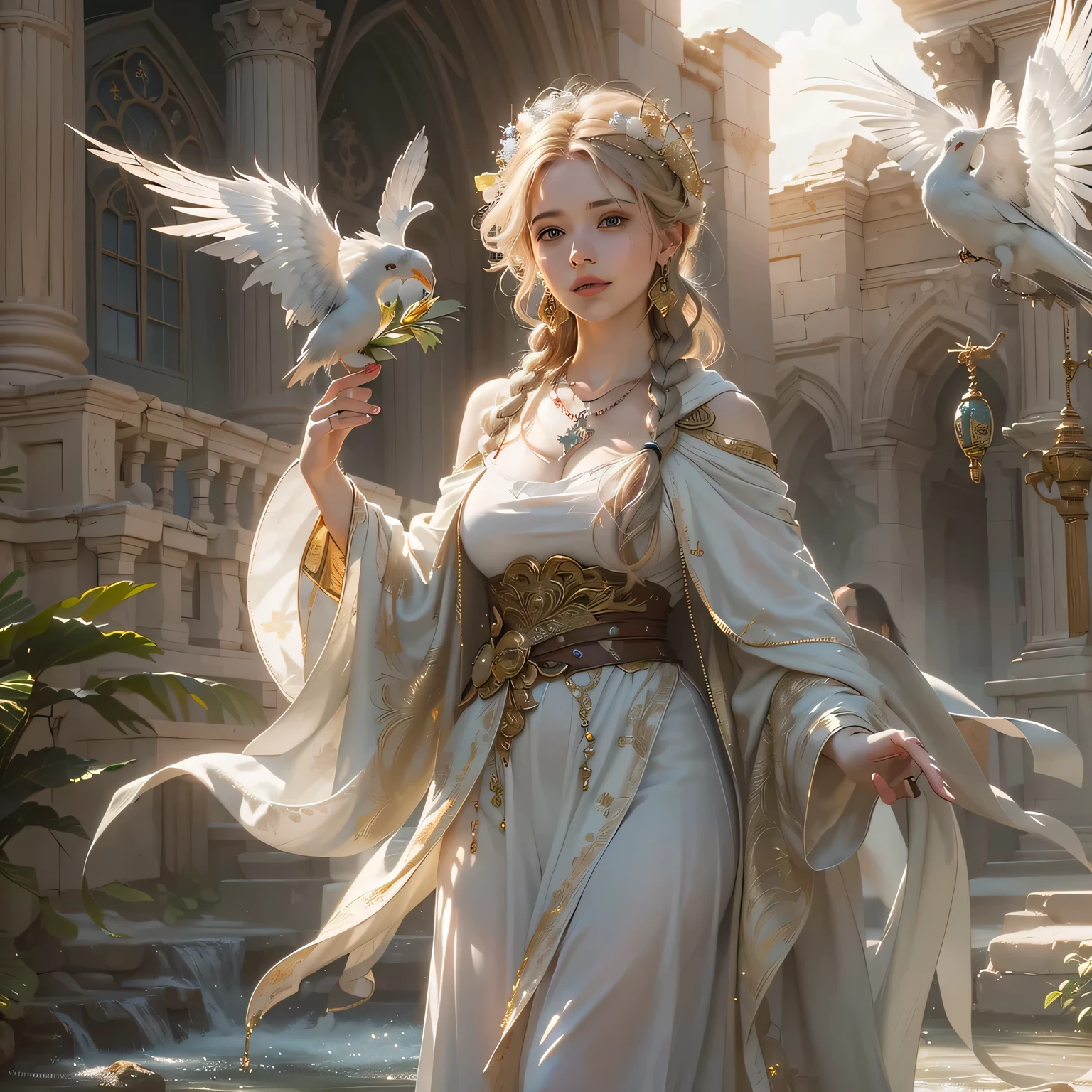 Draw a cute cat playing with a graceful female angel in a landscape dominated by majestic temples. The figure of the angel is sublime and beautiful, and the woman is not cat-eared --auto --s2