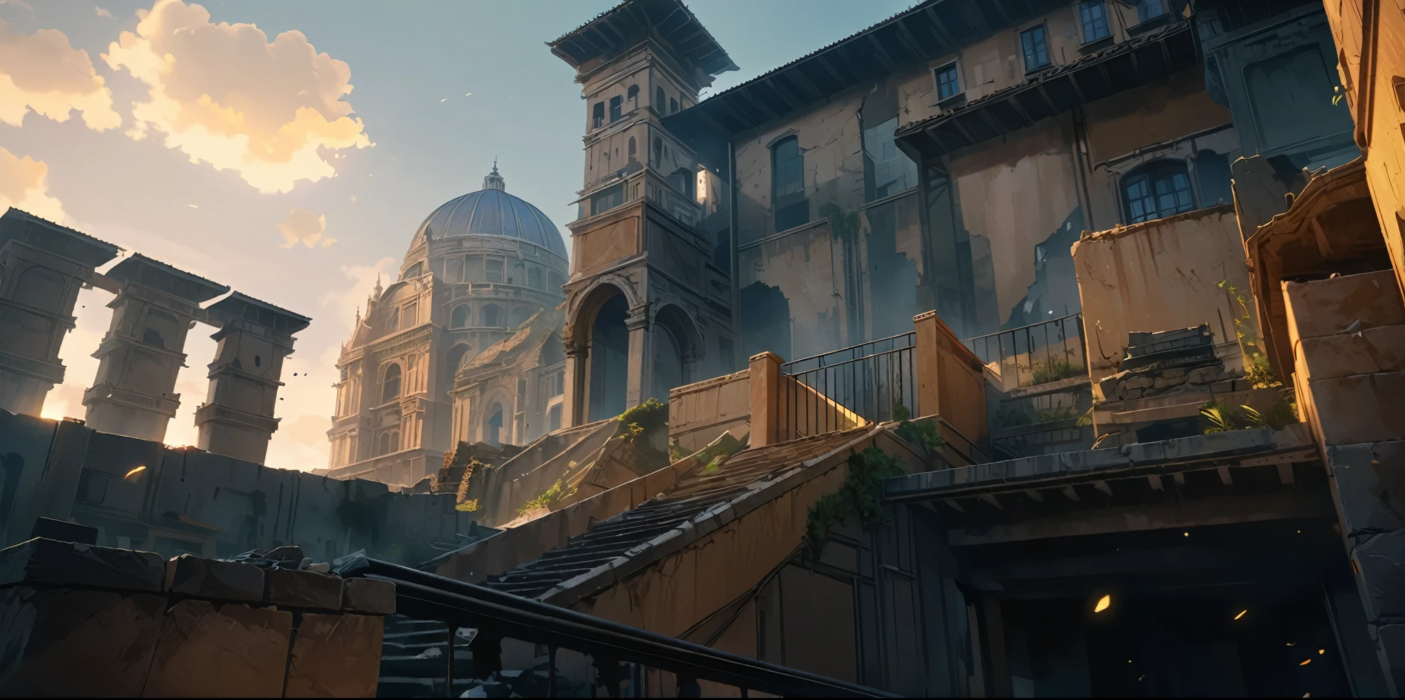 Anime Aesthetics, 动漫landscape, 景观landscape, (Yellow Tones, Blue tint,金色和红色的architecture,Colorful picture:1.2),(dusk:1.3),elden ring movie lighting, Inspired by Elden Ring, Farum Azoula, 古architecture, Rome style, Rocks floating in the air, Crumbling city, Megastructures, Moments before the Battle, dust in the air, Epic scenes, atmospheric opinion, Wide-angle lens, From below, From the outside, high resolution, 8K, best quality, Super Detail, The award-winning, masterpiece,unmanned, landscape, architecture, outdoor, Sky, stairs, window, railing,