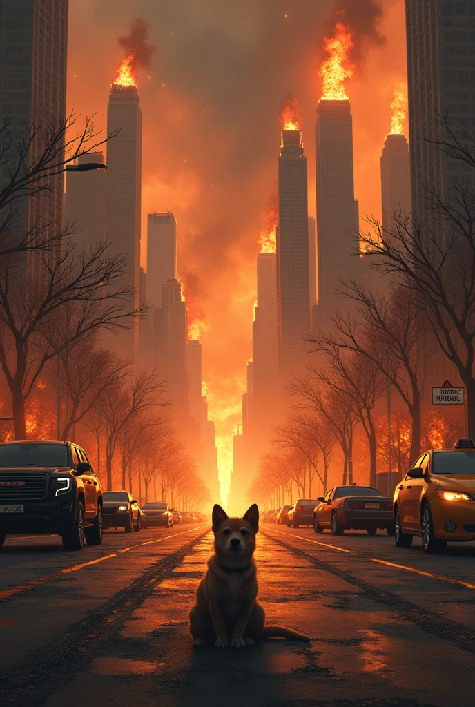 "A chaotic cityscape engulfed in flames, with a wide road in the center, lined with charred trees and shattered streetlights. Towering skyscrapers on both sides are ablaze, with massive infernos raging out of control, their steel beams twisted and melted. The road is littered with abandoned cars, some still burning, including a yellow taxi with its doors hanging open, a white sedan with its windshield shattered, and a black SUV with its tires melted. A cute sad puppy, covered in soot and ash,