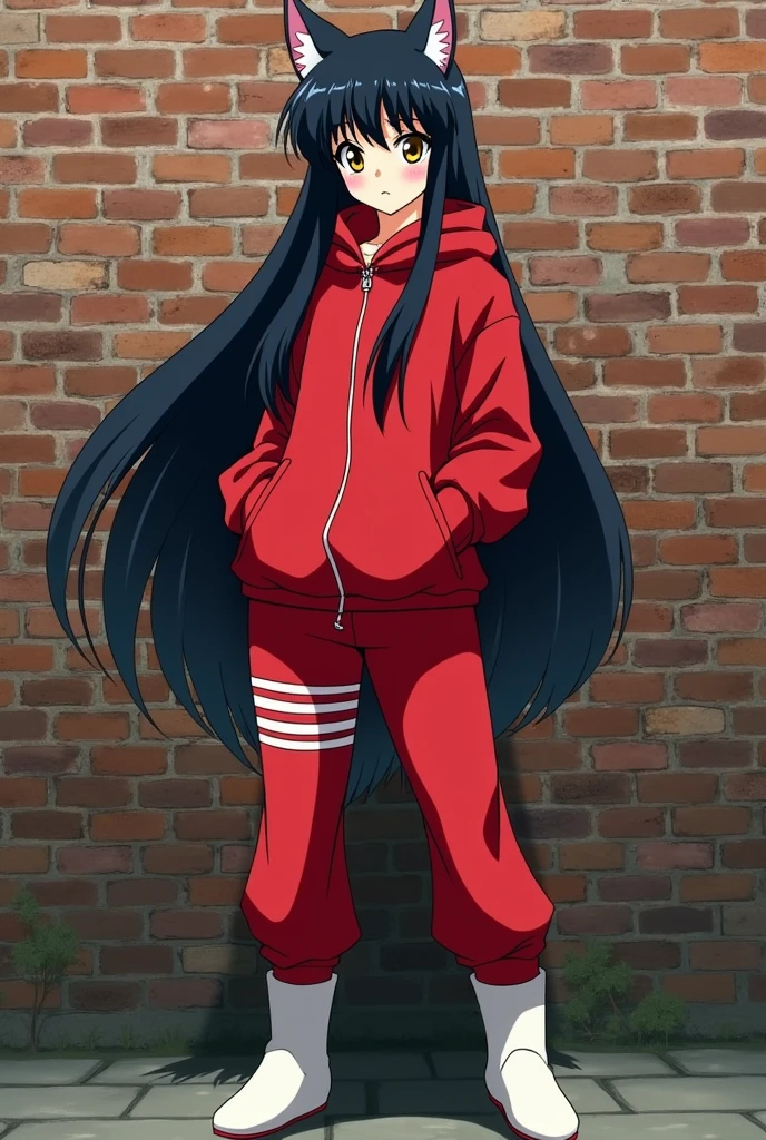 An anime girl who looks  with cat ears, very long, straight black hair with bangs similar to Inuyasha&#39;s, and golden eyes., She is dressed in a wide red sports coat and sports pants with a design of three parallel lines.. And some white wool boots standing in front of a brick wall