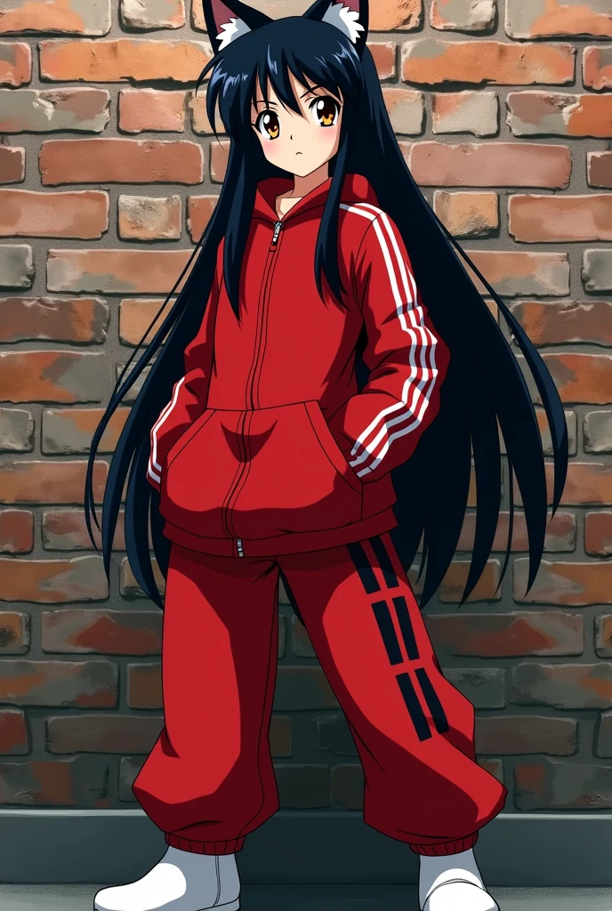 An anime girl who looks  with cat ears, very long, straight black hair with bangs similar to Inuyasha&#39;s, and golden eyes., She is dressed in a wide red sports coat and sports pants with a design of three parallel lines.. And some white wool boots standing in front of a brick wall