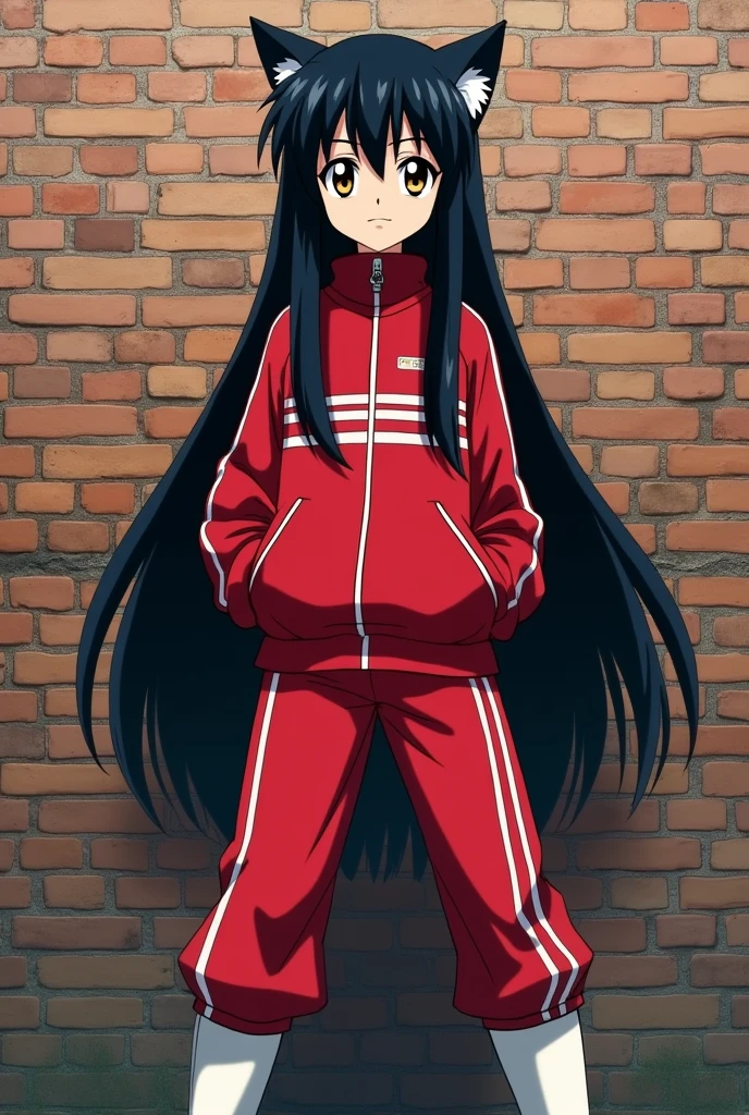 An anime girl who looks with cat ears, very long, straight black hair with bangs similar to Inuyasha's, and golden eyes., She is dressed in a wide red sports coat and sports pants with a design of three parallel lines.. And some white wool boots standing in front of a brick wall