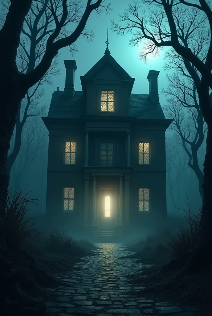 : A shot of the mansion’s eerie, broken windows, with a faint, ghostly light emanating from one of them. The surrounding trees are gnarled and dead, and the entire scene is bathed in a cold, unnatural light, emphasizing the supernatural aura of the place.
Size: 1024x1024
