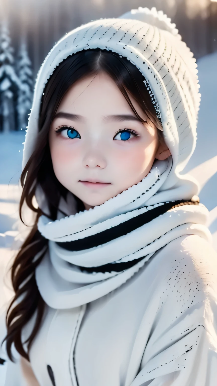 (Highest quality: 1.5), (masterpiece: 1.2), (Realistic: 1), 4K, (RAW Photos: 1.1), 1 person, , 20-year-old, Looking at the audience, Black Hair, Icelandic, snow, ice, cold, Eskimo, Portraiture, winter, gloves, scarf, close your eyes, smile, cute, Upper Body, snow piled up, Wide Shot,