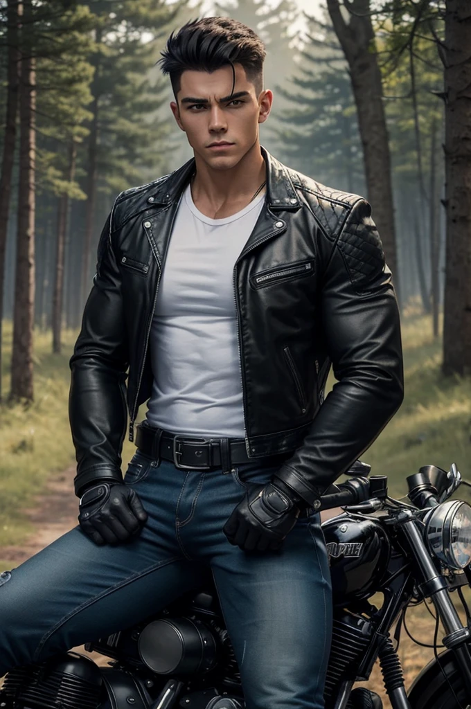 A muscular young man , wearing a white round-neck shirt and a black leather jacket over it, wearing blue jeans, black motorcycle gloves, a black belt, and black combat boots and a holster strap black for a handgun on his thigh ,leaning against a big bike black, on a grass field in the forest. Anime.