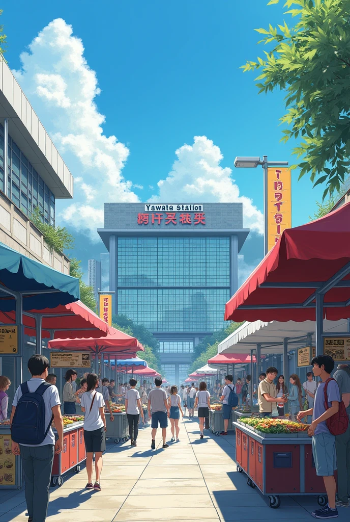 As an image、At the Marche in front of Yahata Station in 2024、A person dressed in modern clothes々I will draw the bustling scene.。Families with children and elderly couples、University students set up stalls、The scenes where she enjoys shopping are quite distinctive.。In the background is the Yawata Station building.、The overall design will have an advertising feel that evokes a modern cityscape.