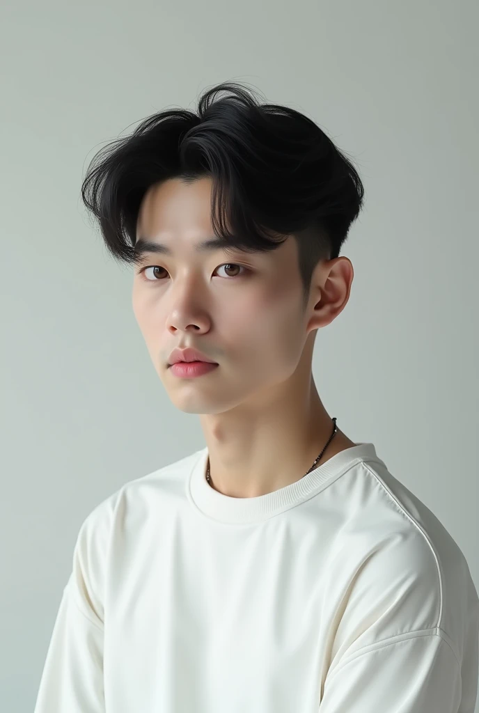 half korean and half russian man in white sleeve. monolid and sleepy eyes. hazel colored eyes. square face shape with two blocks hair cut. whole body