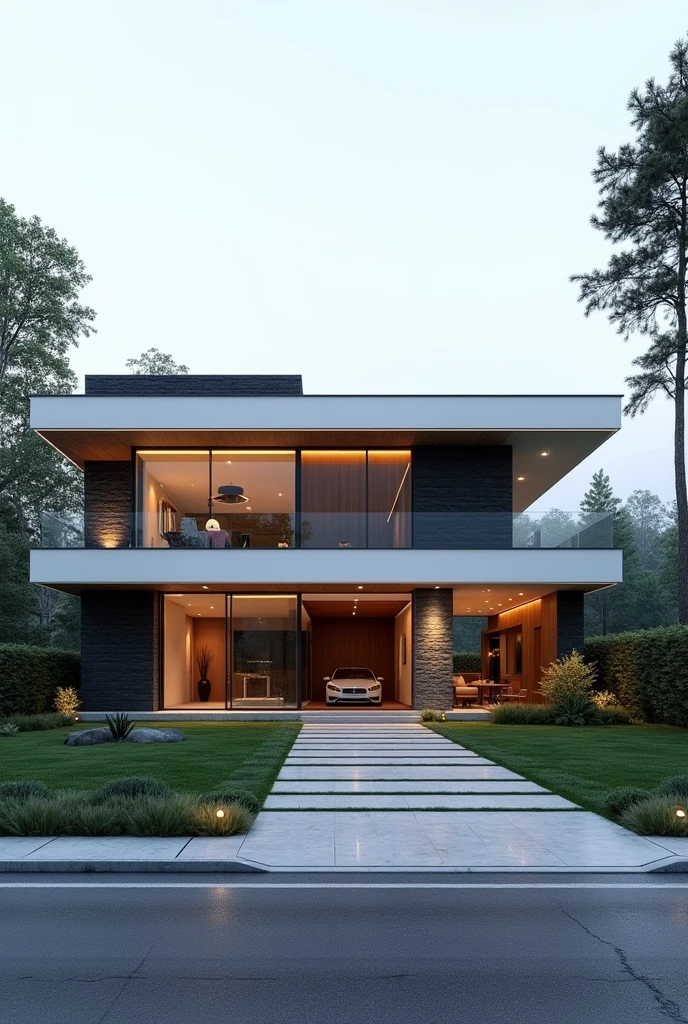 4th view of a modern home with a large front yard, main material by glossy white wall and black stone and wood, 1 road runs in front of the house, (RAW photo, real, best quality, masterpiece:1.2), look morden minimalist, 1 road in front of the house, shime ring light, light brighteness from indoor:1.2, dynamic lighting: 1.3, (hyper realistic, photo-realistic:1.2), high quality, day lighht, hight contrast :0.5 perfect lighting, archdaily, award winning contemporary, contemporary masterpiece