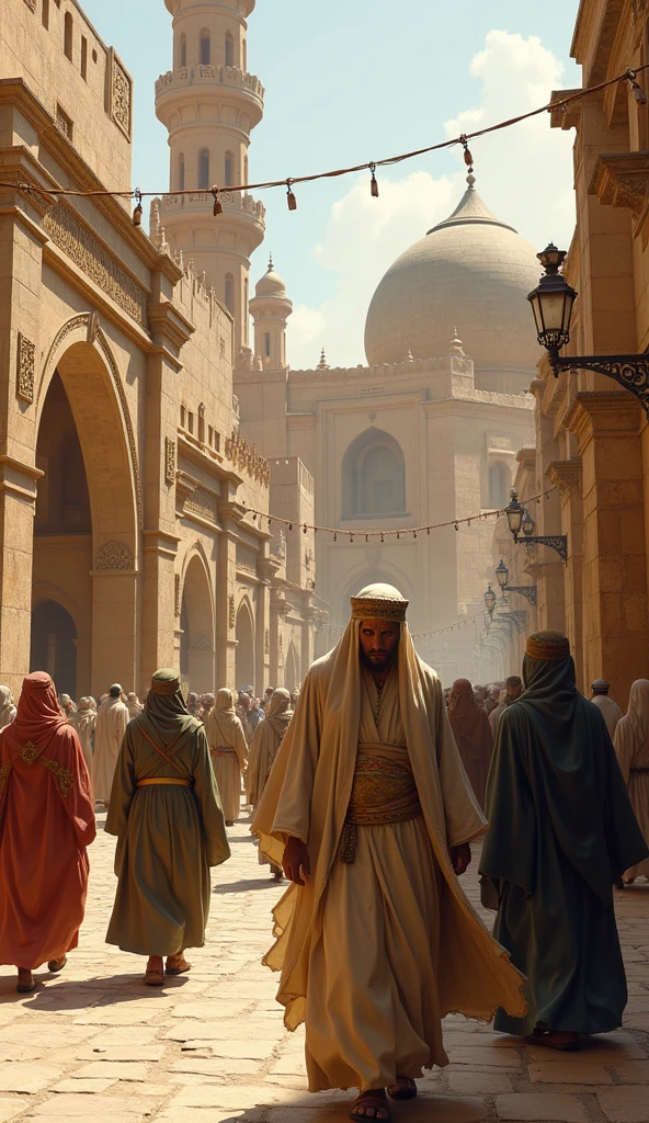 ancient city of Medina. lots of people walking around the city. they wear ancient Arab traditional clothes