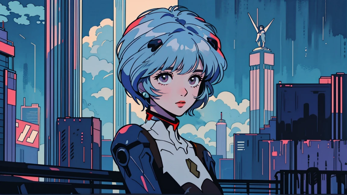 masterpiece, best quality, detailed, ((official style)), (((Rei Ayanami, 独奏))), /neon genesis evangelion/, (upper body), blue hair, short hair, bangs, red eyes, breasts, small breasts, white bodysuit, plugsuit, interface headset, pilot suit. Rainy night in a neon cyberpunk city,A sophisticated vehicle passes by, Neon sign flashing, Skyscrapers pierce the purplish blue sky. Despite being a bustling city, She stands alone,