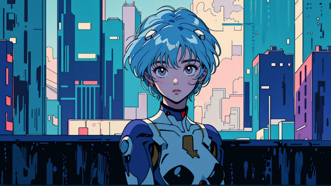 masterpiece, best quality, detailed, ((official style)), (((Rei Ayanami, 独奏))), /neon genesis evangelion/, (upper body), blue hair, short hair, bangs, red eyes, breasts, small breasts, white bodysuit, plugsuit, interface headset, pilot suit. Rainy night in a neon cyberpunk city,A sophisticated vehicle passes by, Neon sign flashing, Skyscrapers pierce the purplish blue sky. Despite being a bustling city, She stands alone,