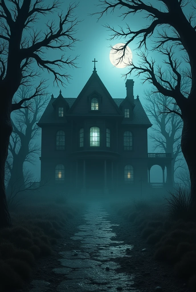 : A shot of the mansion’s eerie, broken windows, with a faint, ghostly light emanating from one of them. The surrounding trees are gnarled and dead, and the entire scene is bathed in a cold, unnatural light, emphasizing the supernatural aura of the place.
Size: 1024x1024