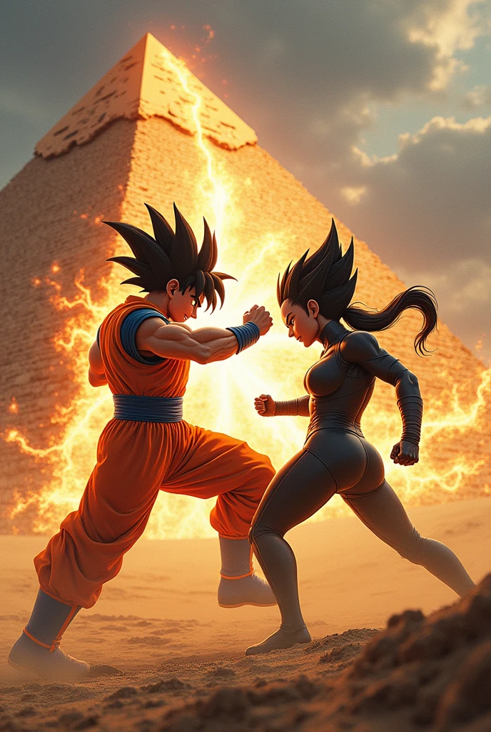 Goku fighting with Vegeta, for the love of catwoman. In its most powerful transformation.
Fighting in the pyramids of Egypt