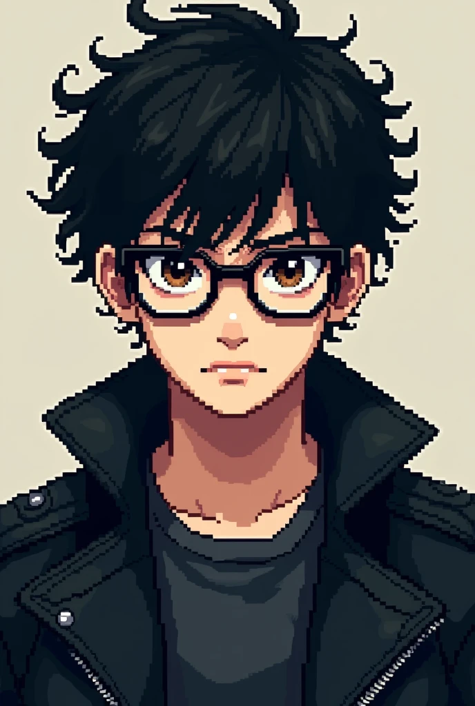Strong pixel art emo man with very curly black hair, with glasses, black motocross jacket, eyes browns, with a serious face, facing the front