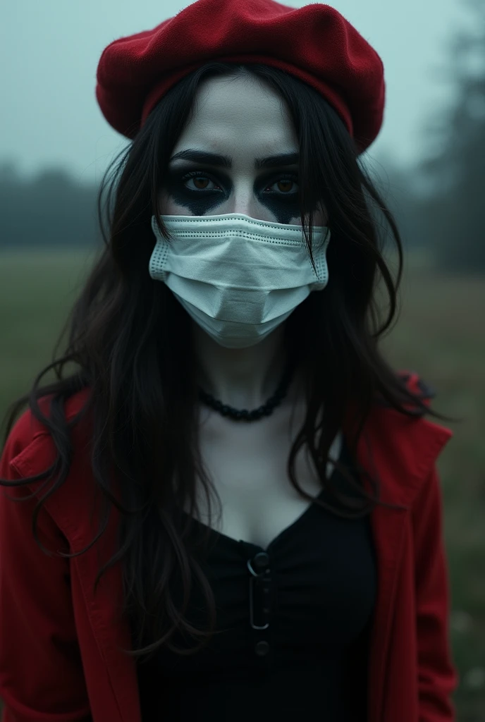 she、A woman with a pale face and white skin、The black around the eyes makes it look scary.。He is wearing a white medical mask on his face to cover his mouth.。long, Black Hair; she、Wearing a black dress, She&#39;s wearing a red coat over it., she恐ろしい見た目, she赤いベレー帽を着ています。 Her eyes are black。The background is horror。The angle of view is only the face and shoulders、Show me.。The background is the countryside。Dimly lit in the countryside at night、Creepy。 sheとても泣きながら笑っている。Laughing while bleeding。Wearing a red beret