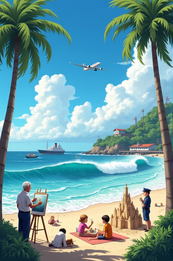 The old man is painting a picture of the sea on the beach. The children are building a sand castle, The dog is digging a hole in the sand.
in the sky, A plane is flying to some destination, The couple is sitting on a blanket, The Sun is shining brightly, the sea is flowing rapidly, creating waves and foam.
The wind is blowing strong. The trees on the hill are swaying (rocking) its branches. Construction workers are repairing a ship at the dock.
The athlete is surfing on the waves, and on the beach, the police officer is watching.