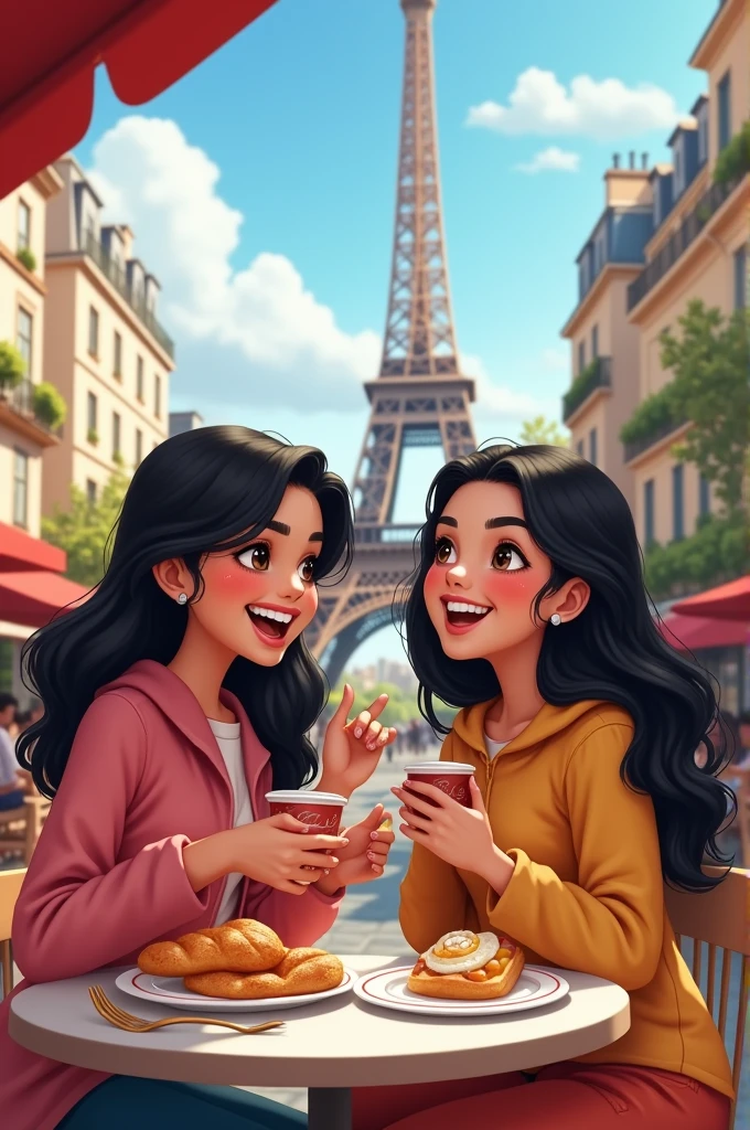 Ramal stood in front of the iconic Eiffel Tower, the shimmering structure cutting against the blue Parisian sky. She had shoulder-length black hair that framed her heart-shaped face, accentuating her warm dark brown eyes that sparkled with delight. Just above her right eyebrow, a small mole lent a unique charm to her features, adding a touch of character to her already expressive look. Though shorter than her friend Layyaan, Ramal carried herself with a confidence that radiated joy.
Layyaan was beside her, tall with cascading long black hair that flowed down her back, complementing her own dark brown eyes. The two girls shared a strong bond, evident in the way they interacted; their smiles were wide and contagious, laughter spilling from their lips as they savored the moment.
As they sat down at a quaint outdoor café, plates of delectable French food lay before them. The aroma of freshly baked baguettes, aromatic coq au vin, and sweet crêpes filled the air, tantalizing their senses. Ramal took a bite of her crêpe, the flavors melding perfectly with each other, and her eyes widened in appreciation. She let out a giggle, causing a few heads to turn in their direction. Layyaan, noticing Ramal’s reaction, smirked playfully before stealing a bite from her plate, eliciting an exaggerated gasp from Ramal.
“Oh, you didn’t!” Ramal exclaimed, mock offense dancing in her tone, yet her laughter betrayed her amusement. The air was filled with warmth and the sound of clinking cutlery, mixed with the gentle chatter of other patrons enjoying their meals against the backdrop of Parisian ambiance.
The Eiffel Tower loomed majestically behind them, its intricate iron lattice work glistening in the sun. Perfectly aware of the iconic landmark's presence, the girls took turns snapping playful selfies, holding up their food and striking silly poses, their expressions carefree and full of life.
In that moment, time seemed suspending, the world reduced to the laughter of two friends en