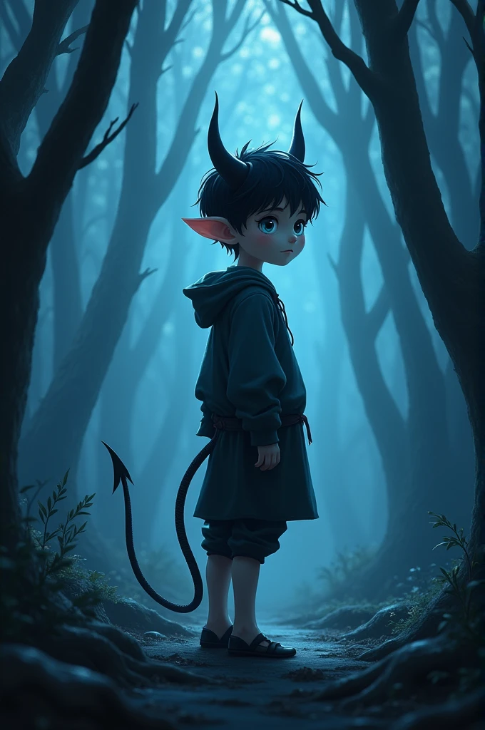 This picture shows only the chest and above. a boy of about , he had a rather cute face, long elf-like ears, black hair, and black eyes the color of crows. He had two devil horns growing out of his head, which were beautifully curved, as well as a devil tail that reached to the ground. He wore medieval villager clothing, and was in the middle of a dark, blue forest. He was standing with his back turned and facing left, with a light shining through his eyes.