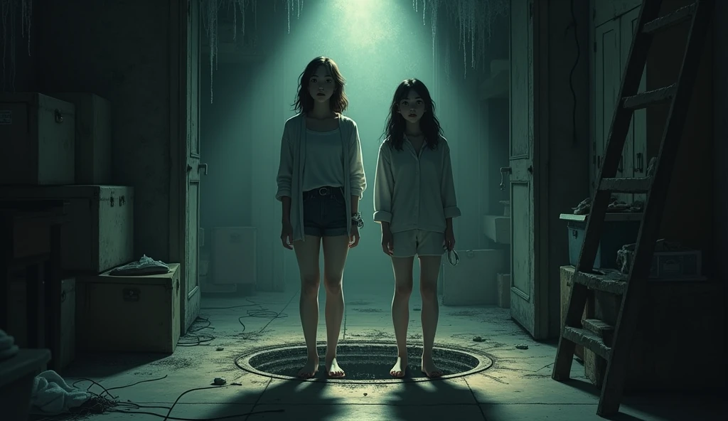 : "A dark, cluttered basement with an old, creaking trap door slightly open on the floor. Two young women one is a lively, outgoing young Thai woman in her late s with wavy shoulder-length light brown hair. She is dressed in trendy, casual clothing, and A Thai young woman in her late teenth long, straight black hair, wearing a simple pajama and two of them look of nervousness on her face stand at the entrance, holding flashlights that cast long, eerie shadows. The air is thick with dust, and the walls are lined with forgotten objects covered in cobwebs. The women’s expressions are a mix of fear and determination as they prepare to descend into the hidden room below."