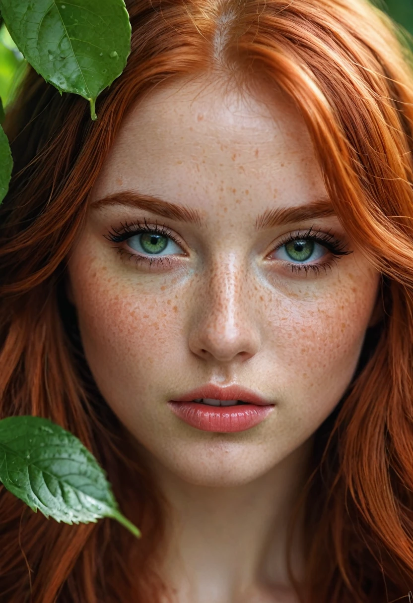 ((best quality)), ((masterpiece)), (detailed), close-up person, long red hair, freckles, full lips, green eyes, long eye lashes, (fantasy art:1.3), highly detailed face, beautiful artwork illustration, (portrait composition:1.3), low key, shallow depth of field, focus on eyes, (rating_explicit), (score_9, score_8_up, score_7_up, score_6_up, score_5_up, score_4_up) high res, masterpiece, shiny smooth skin, close up, slightly round face, slightly chubby, very sexy, lewd, wet lips, enticing, seductive, in a garden, covered by leaves