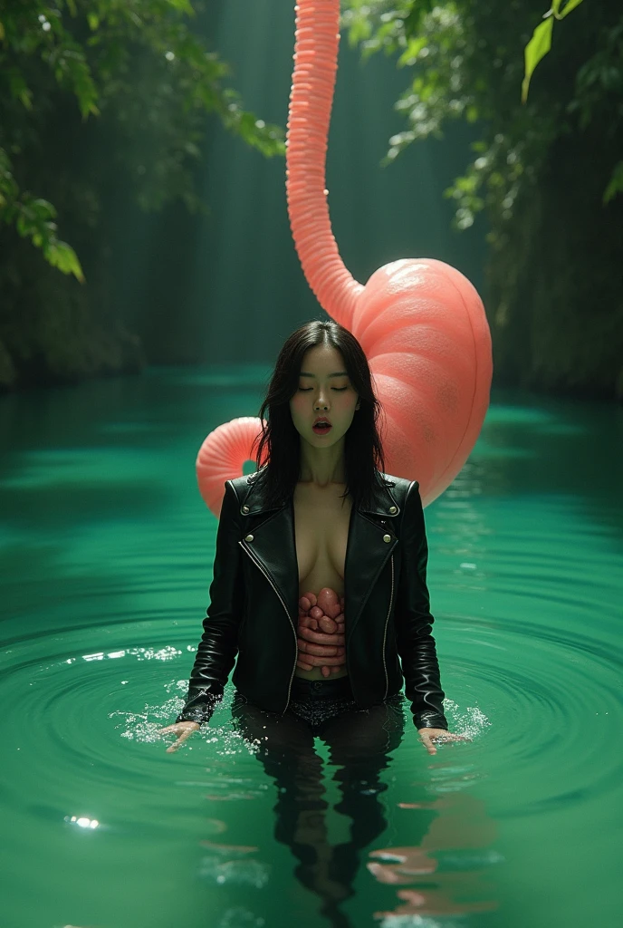 Japanese women are、A view of the massive stomach inside the organs, looking like an endoscopy, stayed inside:: She sat and played for a while in the deep green water up to her waist.,She is wearing a black leather jacket and leather pants., She shouted.