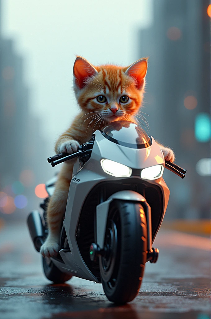 a kitten riding a futuristic motorcycle, extremely detailed, 8k, highly detailed, ultra realistic, photorealistic, masterpiece, detailed eyes, detailed face, intricate details, dynamic pose, cinematic lighting, vibrant colors, glossy surfaces, sci-fi, futuristic, sleek design, advanced technology