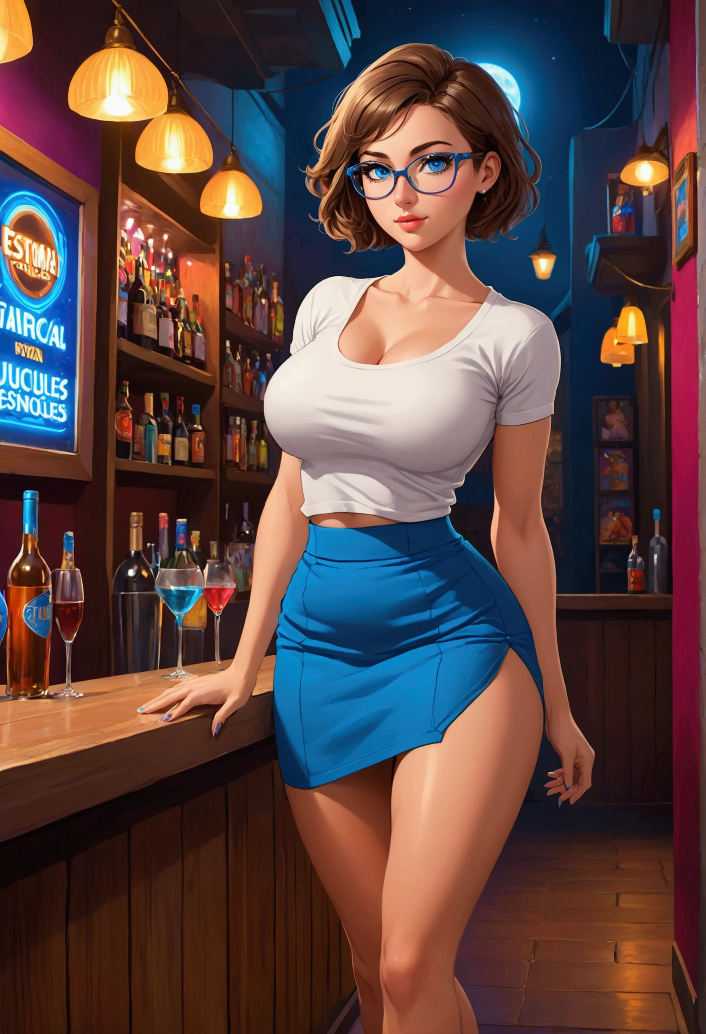 20 years old woman, Short brown hair, Mediterranean with blue eyes, Generous and heavy breasts, slender waist, definition of l&#39;estomac, fesses rebondies et pulpeuses, naturally curved, muscular thighs, aguicheuse , blue eye, lunettes, in night-club, White Skirt, bralette , plated braids 