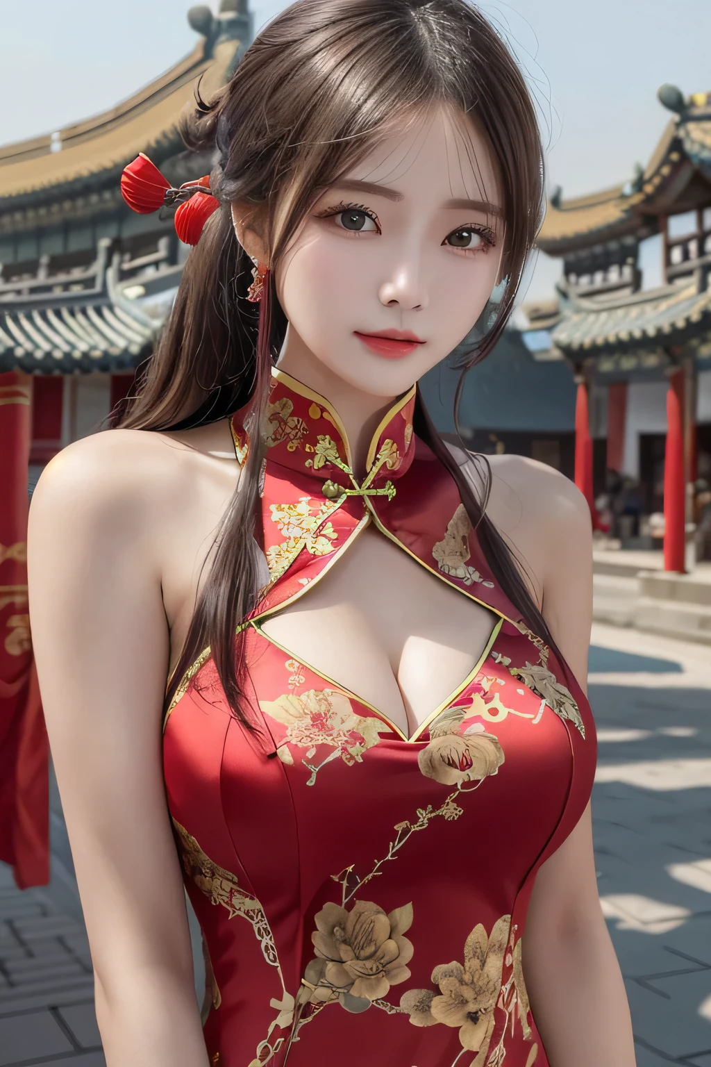 One Girl, 1 person,Highest quality,High resolution,超High resolution,8k,Realistic,Upper Body,encounter_audience,Large Breasts, the body is slim,(Chinese dress:1.2),