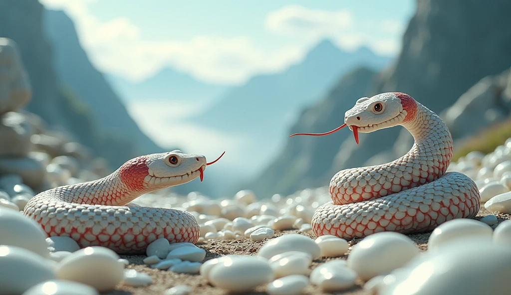 There are many white jades and pit vipers with spikes on their noses between red and white rings on the mountain.(best quality,4K,8k,High level,masterpiece:1.2),Ultra Detailed,(lifelike,Photo real,Photo real:1.37)