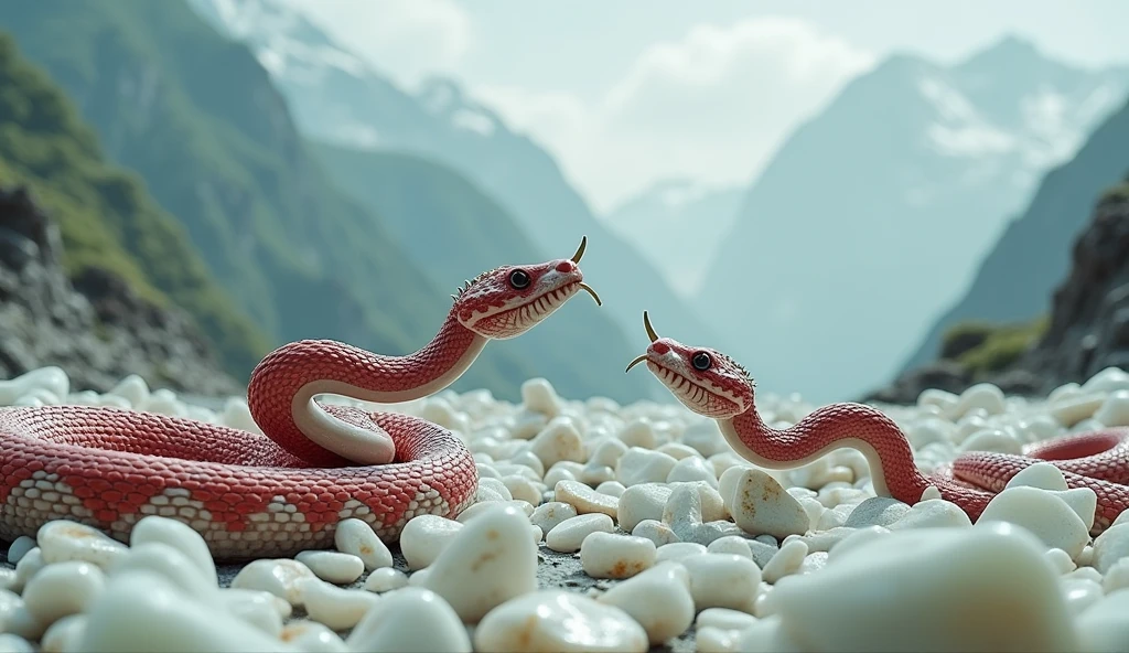 There are many white jades and pit vipers with spikes on their noses between red and white rings on the mountain.(best quality,4K,8k,High level,masterpiece:1.2),Ultra Detailed,(lifelike,Photo real,Photo real:1.37)
