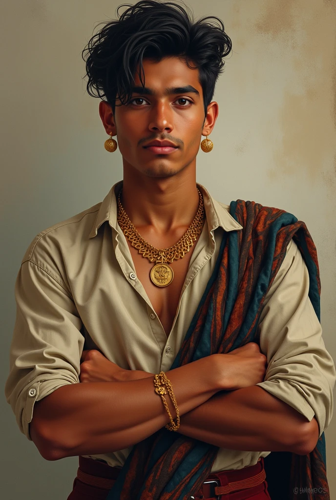young bolivian man, holding gold jewelry, dressed in a shirt