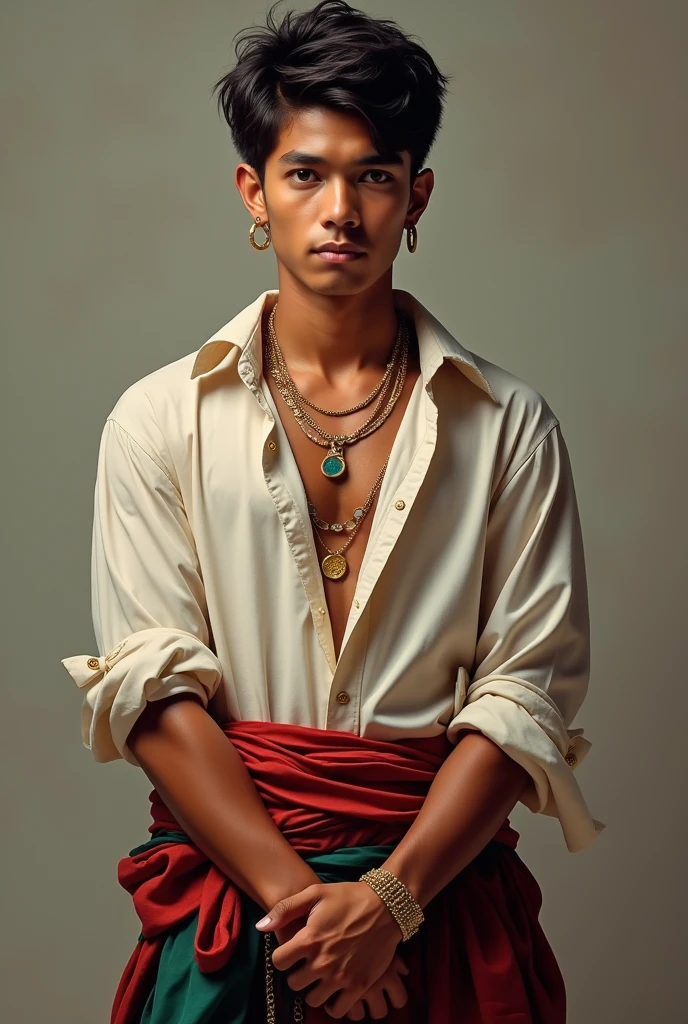 young bolivian man, holding gold jewelry, dressed in a shirt