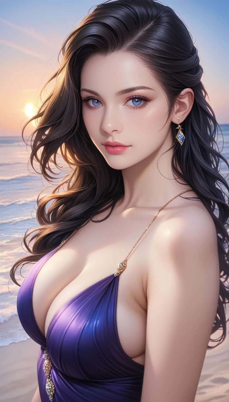 score_9, score_8_superior, score_7_superior,
A masterpiece in 32K resolution,Highest quality,Very detailed,Ultra-realistic,Realistic,Increased depth of field,Cinematic lighting,
Elegant Japanese actress,
Ultra-detailed and beautiful face,Black Hair,Long Hair,Gentle expression,Ultra-detailed skin,Translucent white skin,Realistic skin texture,Great proportions,
Elegant resort dresses,
Seaside at sunset,Desolate sandy beach,
Dramatic Angle,