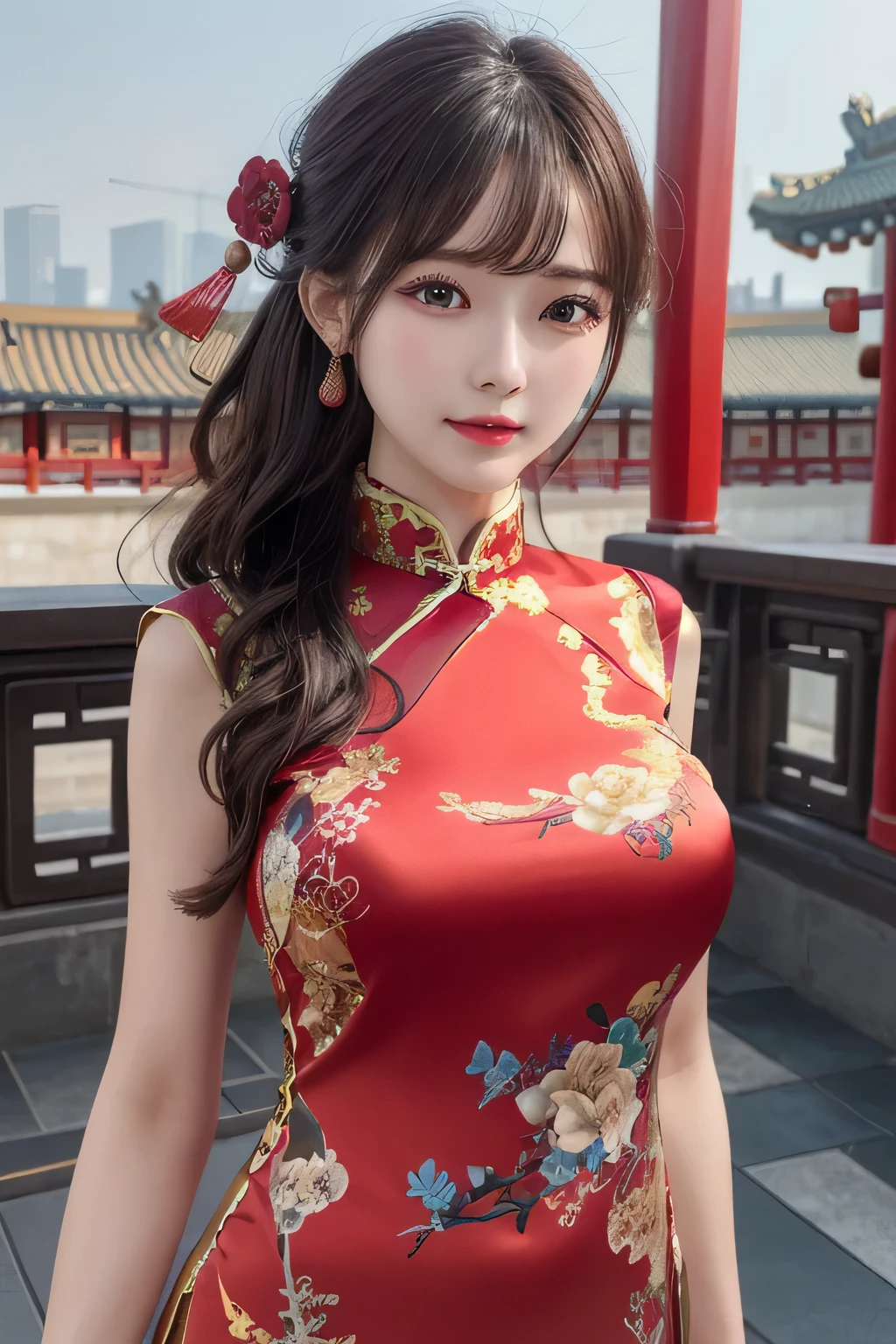 One Girl, 1 person,Highest quality,High resolution,超High resolution,8k,Realistic,Upper Body,encounter_audience,Large Breasts, the body is slim,(Chinese dress:1.2),