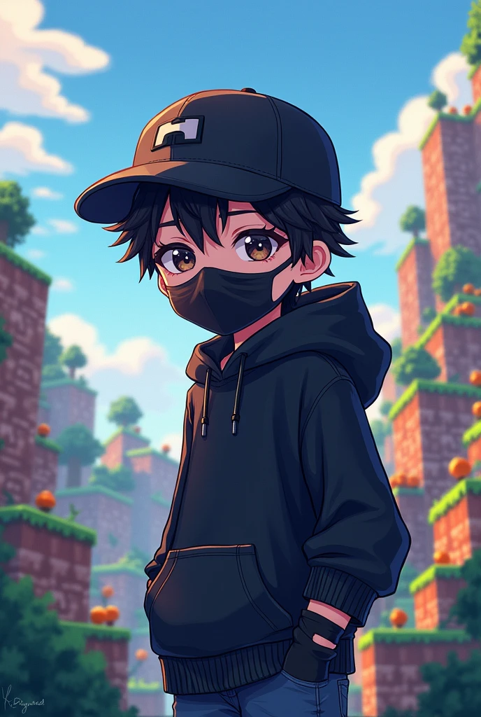 Make A Cute anime boy character wearing (black hoodie) with animated Minecraft background black cap black glove black maks black hair
