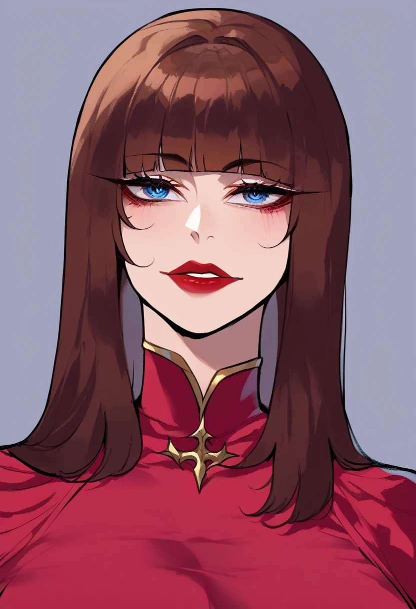 (Score_9, score_8_up, score_7_up, score_6_up), (adult, seductive face, seductive expression), holding gun, close up, brown hair, bobcut, bangs, big breasts, blue eyes, red lips, full lips, eyeliner, red Chinese dress, cleavage, Anna_Williams \(Tekken\), Nyantcha Style, source_anime,